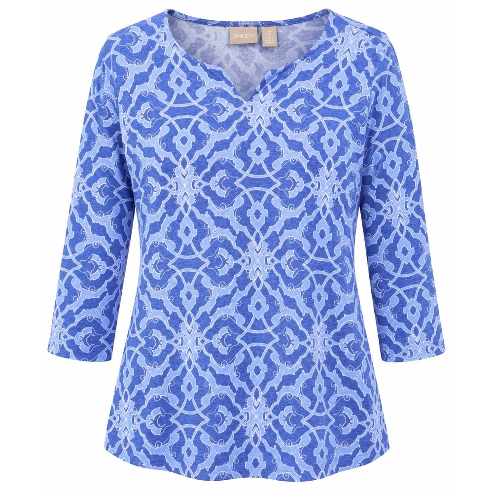 CHICO'S Womens 2 (Large) 3/4 Sleeve Artisan Floral Tunic Top Stretch Casual - Picture 2 of 10